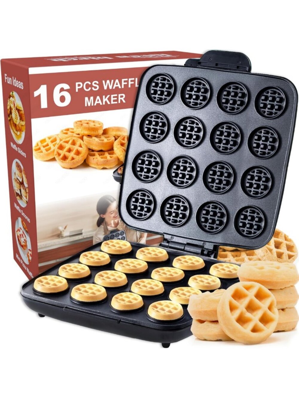 16 PCS Mini Waffle Maker, Nonstick Chaffle Iron for Quick Breakfast & Snacks